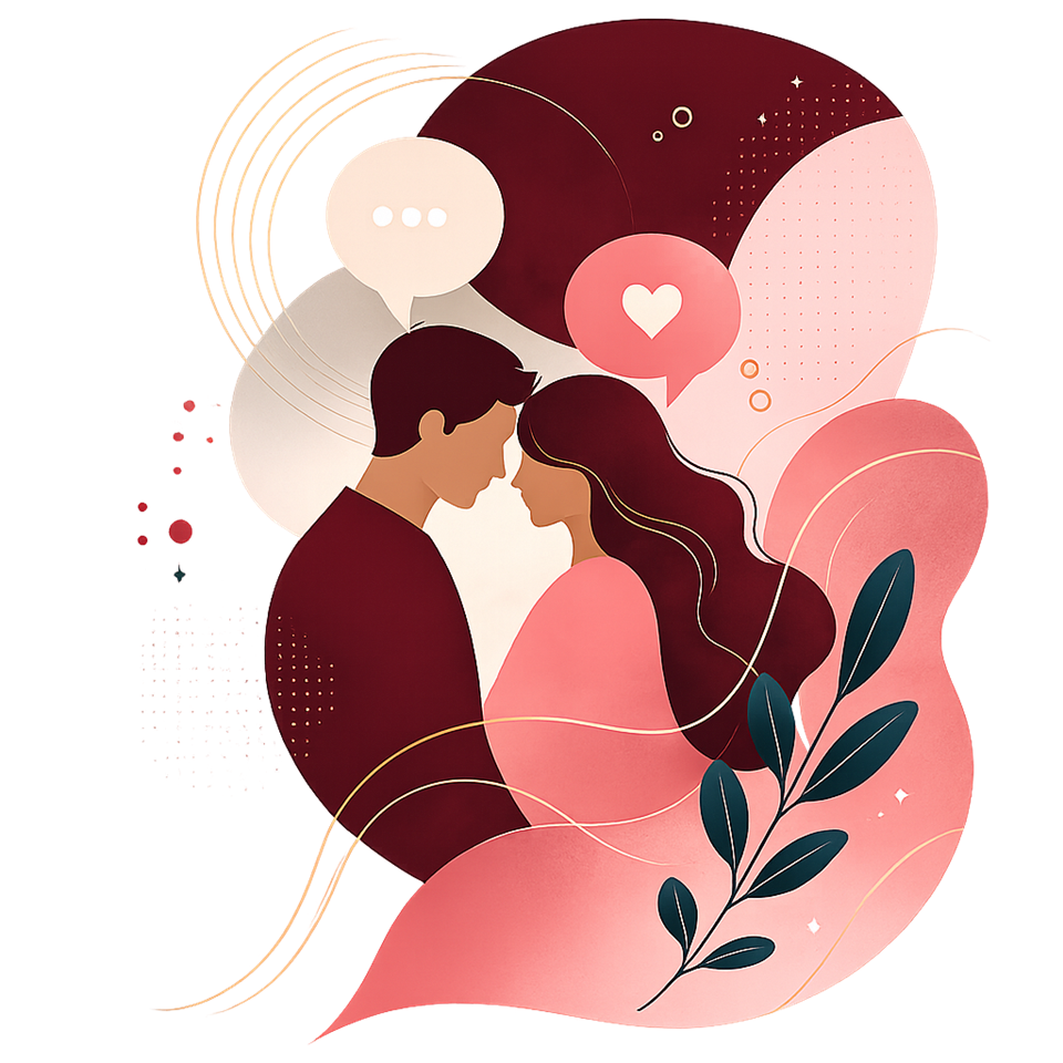 Illustration of a couple with speech bubbles, heart icons, and romantic shapes